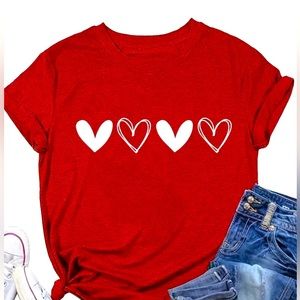 White Heart Print Red Tshirt
